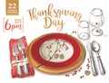 Thanksgiving poster template forks, knives, spoons, empty plate wine glass.