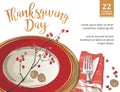 Thanksgiving poster template forks, knives, spoons, empty plate wine glass.