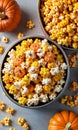 Thanksgiving Pumpkin And Corn Kettlecorn In A Ti. Generative AI Royalty Free Stock Photo