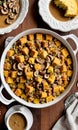 Thanksgiving Pumpkin And Cornbread Stuffing With A Bowl Of Turkey And Mushroom Grav. Generative AI