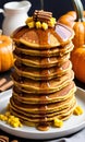 Thanksgiving Pumpkin Cornmeal Pancakes Stacked On A Plat. Generative AI