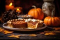 Thanksgiving pumpkin pie revealing a rich golden spiced filling is elegantly served on a rustic wooden table Royalty Free Stock Photo