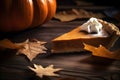 Thanksgiving Pumpkin Pie Slice on a Wooden Table in a Cozy Atmosphere. Generative AI