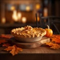 Thanksgiving Pumpkin Pie on a Wooden Table in a Cozy Atmosphere. Generative AI