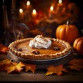 Thanksgiving Pumpkin Pie on a Wooden Table in a Cozy Atmosphere. Generative AI