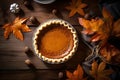 Thanksgiving Pumpkin Pie on a Wooden Table in a Cozy Atmosphere. Generative AI