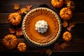 Thanksgiving Pumpkin Pie on a Wooden Table in a Cozy Atmosphere. Generative AI