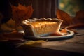 Thanksgiving Pumpkin Pie on a Wooden Table in a Cozy Atmosphere. Generative AI