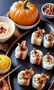 Thanksgiving Pumpkin And Turkey Sushi With A Side Of Corn And Bacon Di. Generative AI