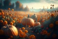 Thanksgiving pumpkins in countryside flower field. Fantasy landscape with colorful harvest pumpkin crop. Holiday autumn magic