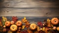 Thanksgiving pumpkins and leaves with a large wooden background. Space for text. Generative AI