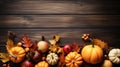 Thanksgiving pumpkins and leaves with a large wooden background. Space for text. Generative AI