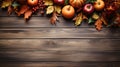 Thanksgiving pumpkins and leaves with a large wooden background. Space for text. Generative AI