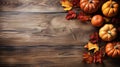 Thanksgiving pumpkins and leaves with a large wooden background. Space for text. Generative AI