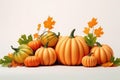 Thanksgiving Pumpkins Surrounded By Fruits And Falling Leaves, Symbol Of Abundance