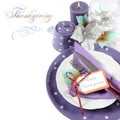 Thanksgiving purple theme table setting with sample text. Royalty Free Stock Photo