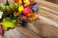 Thanksgiving rustic fall leaves, pumpkin and lilac flowers door Royalty Free Stock Photo