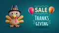 Thanksgiving sale banner with 3d cute turkey in pilgrim hat and air balloons. Vector illustration