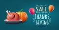 Thanksgiving sale banner with 3d roast turkey, pumpkin and air balloons. Vector illustration