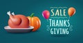 Thanksgiving sale banner with 3d roast turkey, pumpkin and air balloons. Vector illustration