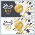 Thanksgiving sale banner set with outline fall leaves and geometric shapes. Vector fall poster golden background. Royalty Free Stock Photo