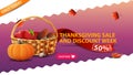 Thanksgiving sale and discount week, pink banner with fruit and vegetable basket Royalty Free Stock Photo