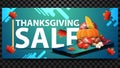 Thanksgiving sale, green discount web banner with large letters, smartphone, autumn leafs and autumn harvest