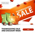 Thanksgiving sale, modern stylish square web banner for advertising and promotion of your business with rubber boots, pumpkin. Royalty Free Stock Photo