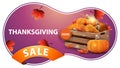 Thanksgiving sale, pink discount web banner with wooden crates of ripe pumpkins and autumn leaves