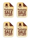 Thanksgiving sale stickers set 15%, 25%, 35%, 45% off with pilgrim icon