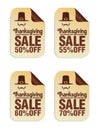 Thanksgiving sale stickers set 50%, 55%, 60%, 70% off with pilgrim icon