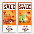 Thanksgiving sale, two vertical orange web banners with up to 50% off and up to 30% off. Discount coupons isolated on white Royalty Free Stock Photo