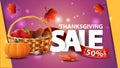 Thanksgiving sale, up to 50% off, pink web banner with large letters, red ribbon, autumn leafs, fruit and vegetable basket