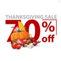 Thanksgiving sale, up to 70% off, white stylish discount banner with large red numbers with autumn harvest