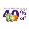 Thanksgiving sale, up to 40% off, white stylish discount banner with large red numbers with rubber boots, pumpkin, mushrooms.