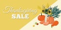Thanksgiving sale on yellow background. Hand drawn cartoon style web banner or seasonal promo offer discount poster for autumnal Royalty Free Stock Photo