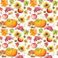 Thanksgiving seamless background. Fruits, vegetables - pumpkin, autumn leaves. Watercolor