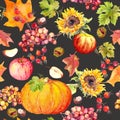 Thanksgiving seamless background. Fruits, vegetables - pumpkin, autumn leaves. Watercolor