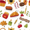 Thanksgiving seamless pattern background. Traditional holiday food harvest decoration. Repeat backdrop for cover, wrapping paper,