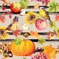 Thanksgiving seamless pattern - birds, fruits and vegetables - pumpkin, apples, chestnuts, autumn leaves. Vintage