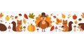 Thanksgiving seamless pattern border. Fall leaves, squirrel, hedgehog, acorns, berries, turkey in a hat, pumpkin, apples, pears, Royalty Free Stock Photo