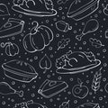 Thanksgiving seamless pattern on chalkboard. Vector pattern with pumpkins, turkey, pie, apple and acorn. Thanksgiving pattern for