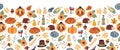 Thanksgiving seamless vector border. Autumn food roast turkey corn wine pumpkin family dinner greeting card repeating