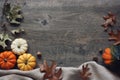 Thanksgiving season still life with colorful small pumpkins, acorn squash, soft blanket and fall leaves over rustic wood backgroun