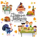 Thanksgiving set, happy family at the dinner table eat turkey drink wine. Mother father with childrens Royalty Free Stock Photo