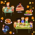 Thanksgiving set, isolated happy family at the dinner table eat turkey drink wine. Mother father with childrens Royalty Free Stock Photo