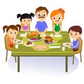 Thanksgiving set, isolated happy family at the dinner table eat turkey drink wine. Mother father with childrens Royalty Free Stock Photo