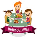 Thanksgiving set, isolated happy family at the dinner table eat turkey drink wine. Mother father with childrens Royalty Free Stock Photo