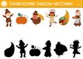 Thanksgiving shadow matching activity with turkey, pilgrim, pumpkin. Autumn puzzle with traditional holiday symbols. Find correct
