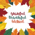 Thanksgiving square frame with fallen leaves of vibrant colors, editable Autumn banner or postcard on white background